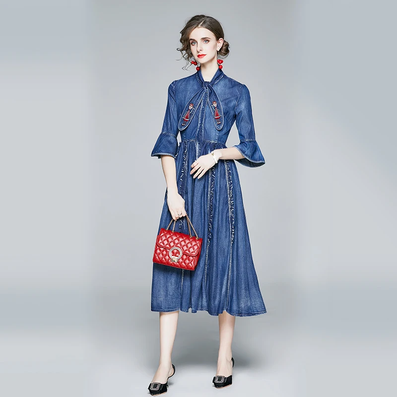

Women's Spring and Autumn New Ruffle Short-Sleeve Sleeve Fashion Retro Embroidered Big Hem Denim Dress