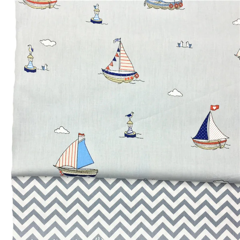 

100% хлопчатобумажная ткань ViaPhil с мультяшным кораблем и волнистым принтом, хлопчатобумажная ткань для рукоделия, ткань для домашней одежды