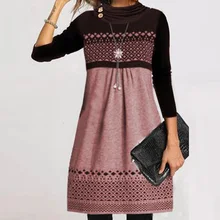 Women Elegant Patchwork Print Party Dress Ladies Casual O-Neck Long Sleeve Mini Dress Autumn Winter Loose A-Line Dress Vestido (4)