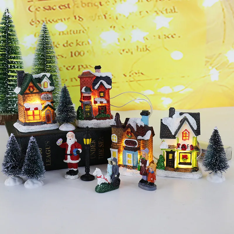 LED Resin Christmas Village Set Party Decoration Santa Claus Pine Needles Snow Street View House Holiday Gift Home Ornaments | Дом и сад