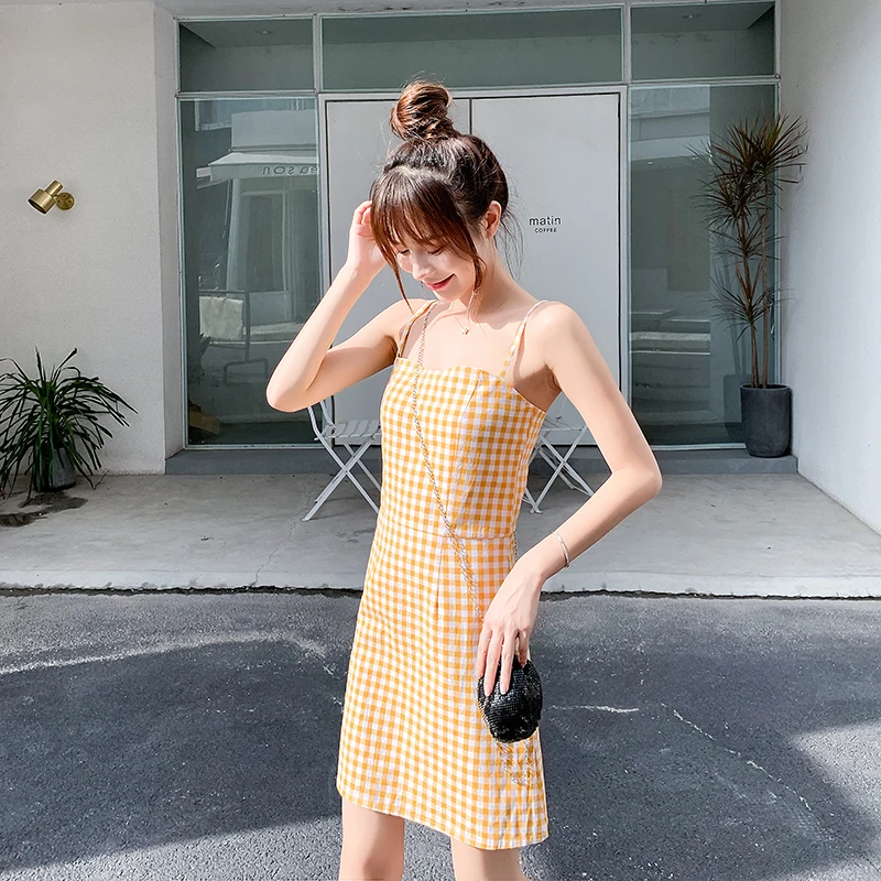 EAD Summer New Retro Sexy Plaid Sling Dress Female Temperament Elegant Slim Vacation Beach Mini Fashion Wild Plus Size | Женская одежда