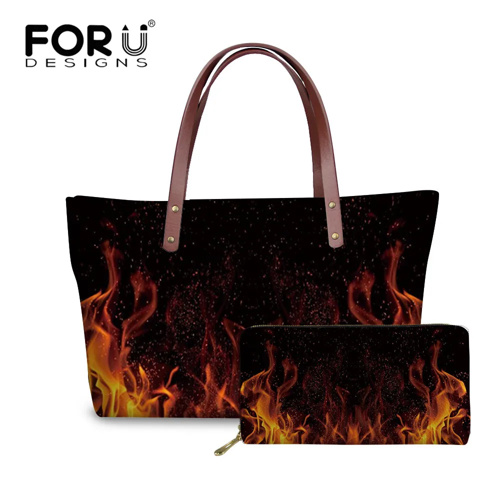 

FORUDESIGNS 2Pcs Women Luxury Tote Bags Set Flame Love Pattern Hand Bags and Wallet Large Capacity Shoulder Ladies Tote Bag