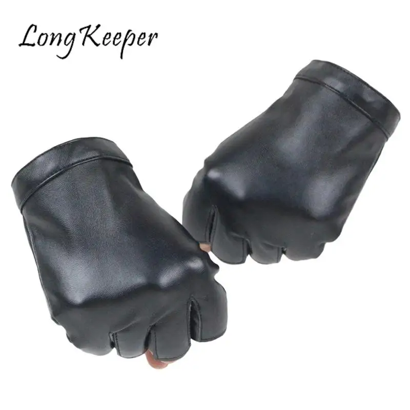 Long Keeper Men Genuine Leather Gloves High Quality Slip-resistant Luvas Half Finger Sheep Leather Fingerless Gloves gants moto mens leather gloves for winter