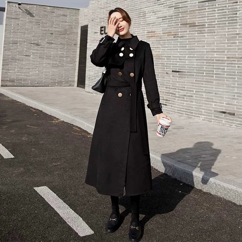 Female Autumn Winter New Elegant Double Faced Natural Wool Jacket Black Lapel Slim Belted Coat