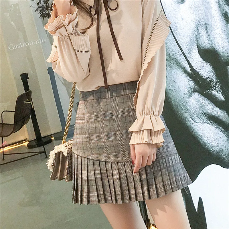 

New Pleated Skirt Short Skirt Female Spring Autumn Half-length Skirt College Style Plaid Vintage Women Mini Skirts