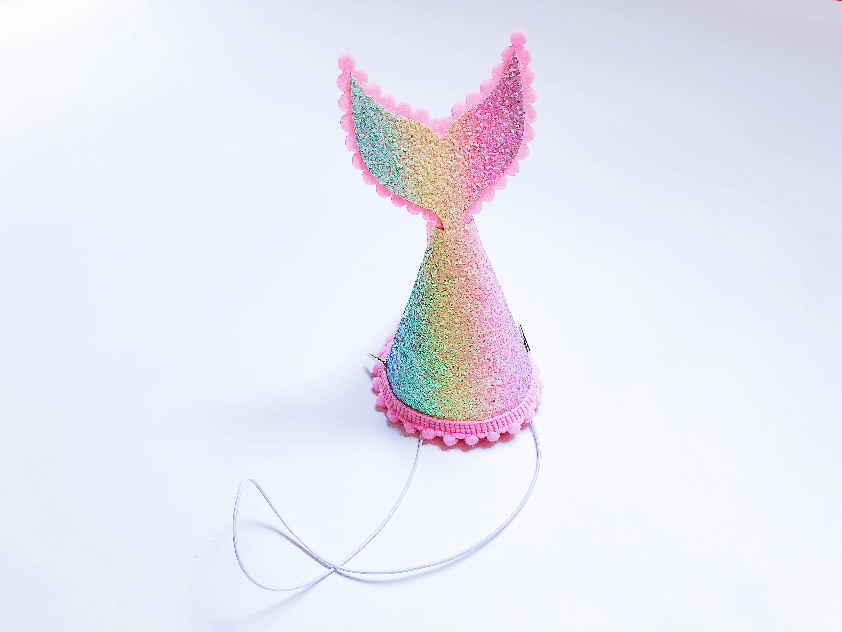 

12pcs Fashion Cute Pom Pom Party Hat Headbands Glitter Gradient Mermaid Tail Cap Soft Hairbands Boutique Hair Accessories