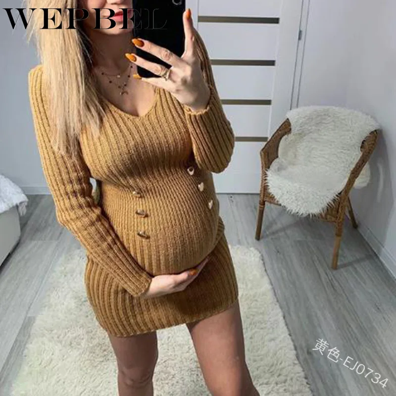 

WEPBEL Women Maternity Pregnancy Sweater Dress Ladies Long Sleeve V Neck Slim Fit Button Sweater Bodycon Dress
