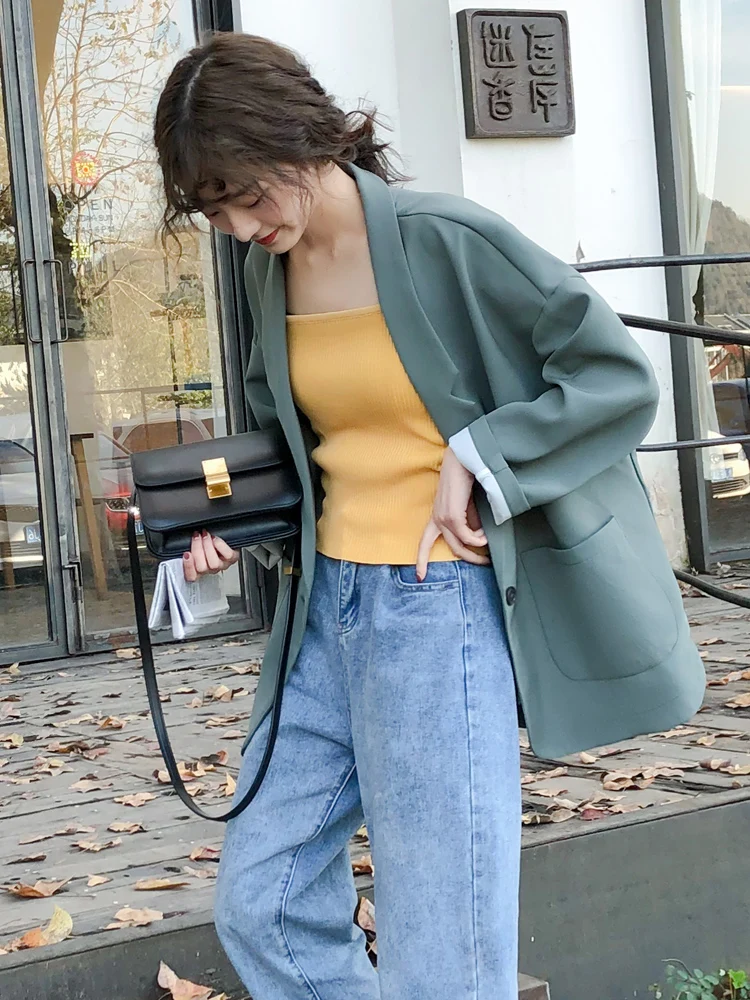 Женский Повседневный Блейзер свободный однотонный бежевый пиджак с длинным