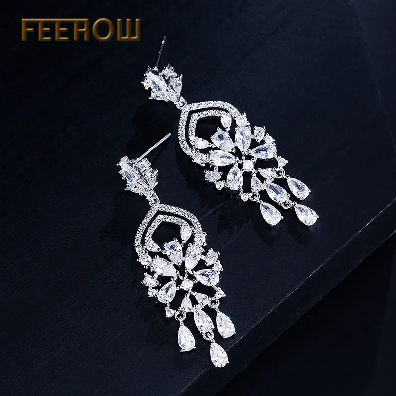 FEEHOW роскошные свадебные висячие серьги с кубическим цирконием ААА в форме люстры