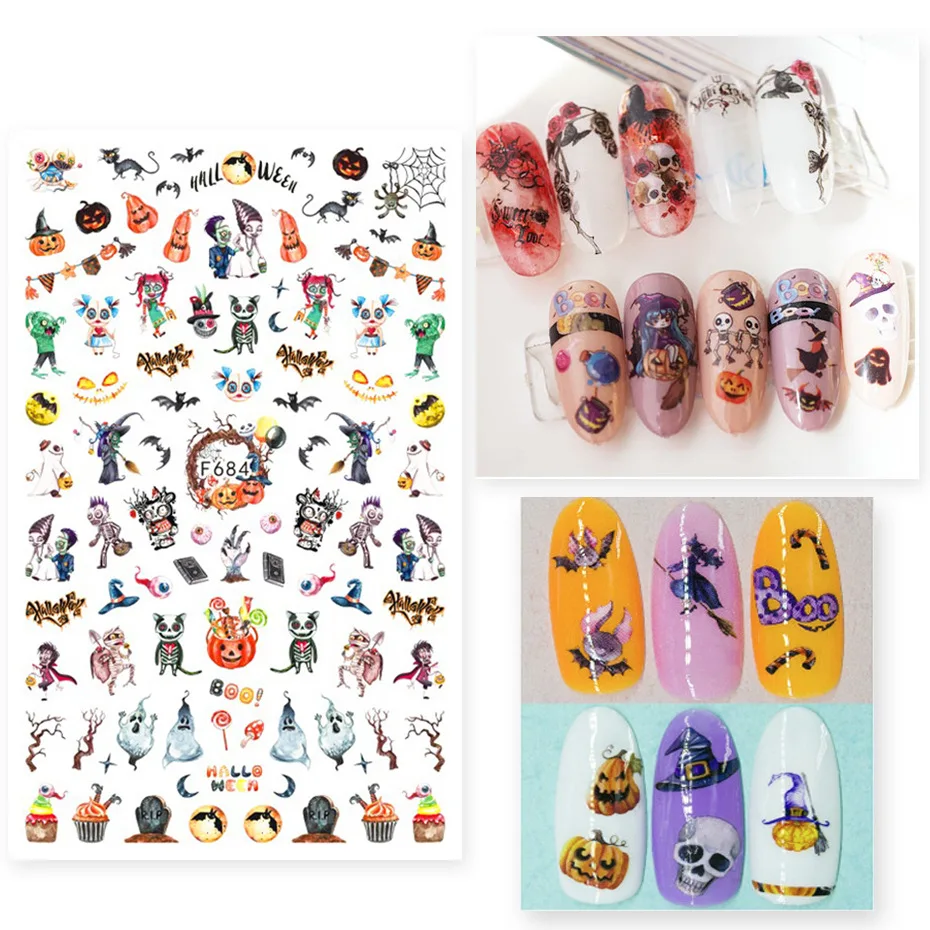 

Nail Stickers Back Glue Halloween Skull Pumpkin Christmas Snowman Snowflake Designs Nail Decal Decoration Tips For Beauty Salons