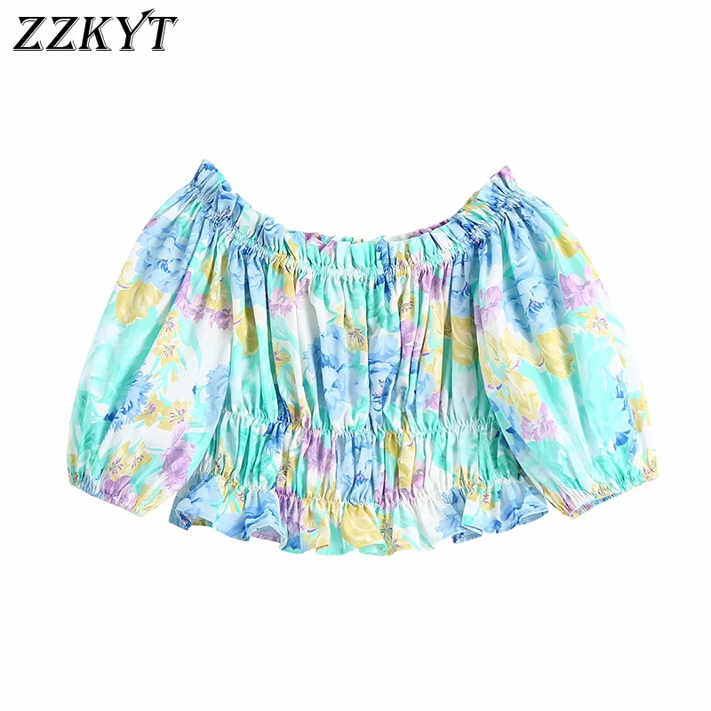 

ZZKYT 2021 Women Summer Fashion Floral Print Cropped Blouses Vintage Slash Neck Puff Sleeve Female Shirts Blusas Chic Slim Tops