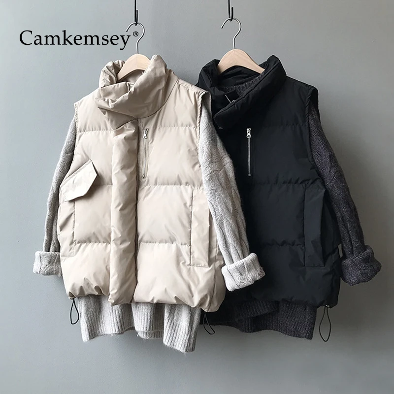 CamKemsey/осенне-зимние парки, жилет, пальто, женская мода, воротник-стойка, повседневные однотонные карманы, молнии, пуховый жилет из хлопка, с подкладкой, пальто