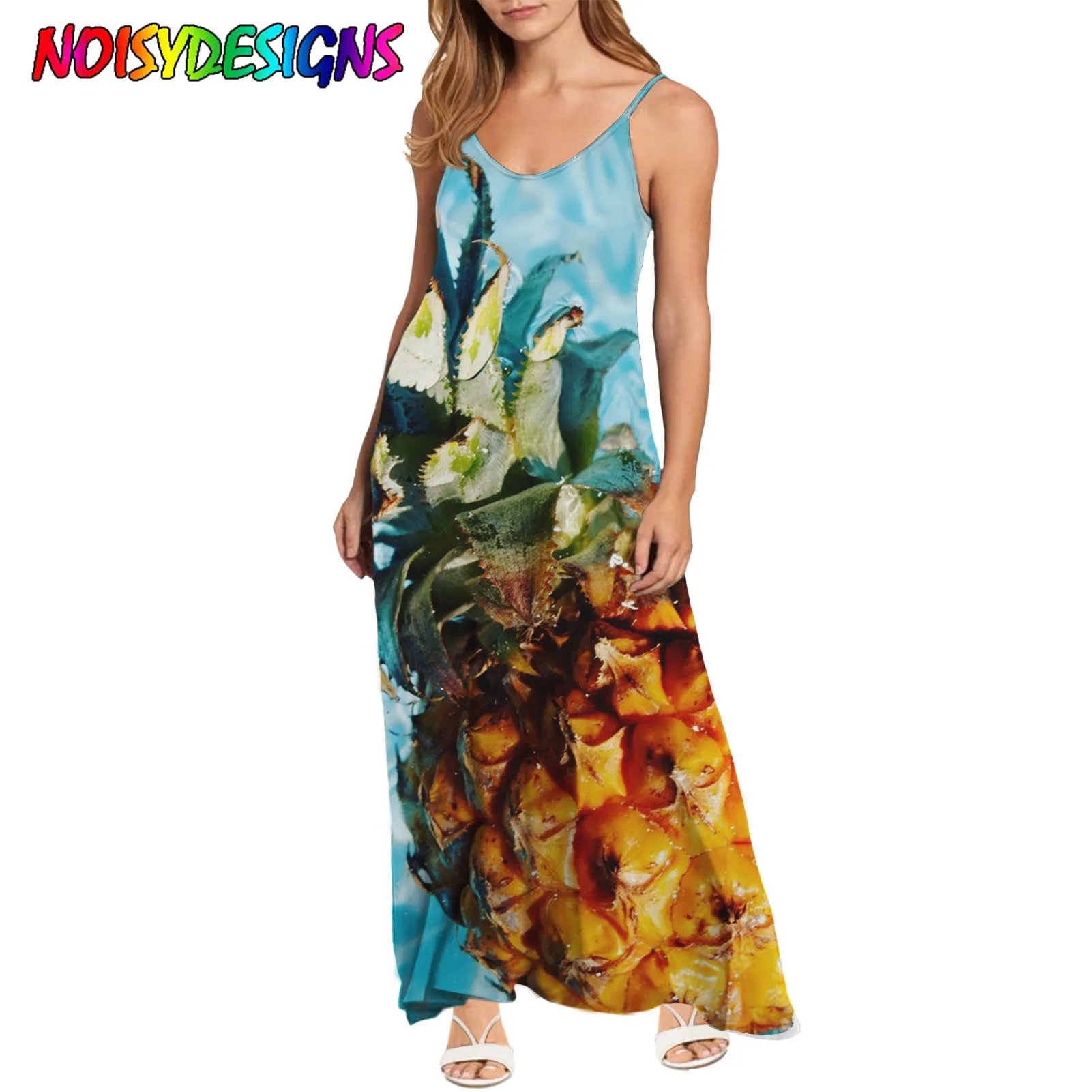 NOISYDESIGNS Sexy Backless Summer Women Loose Sleeveless Female Party Dress Pineapple Art Prints Women's Dresses Vestidos 2021 | Женская