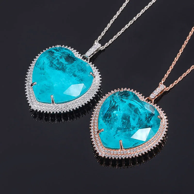 925 Sterling Silver Heart-shaped Luxury Necklace Simulation Paraiba Tourmaline Aquamarine Inlaid Diamond Fine Jewelry Gift Women