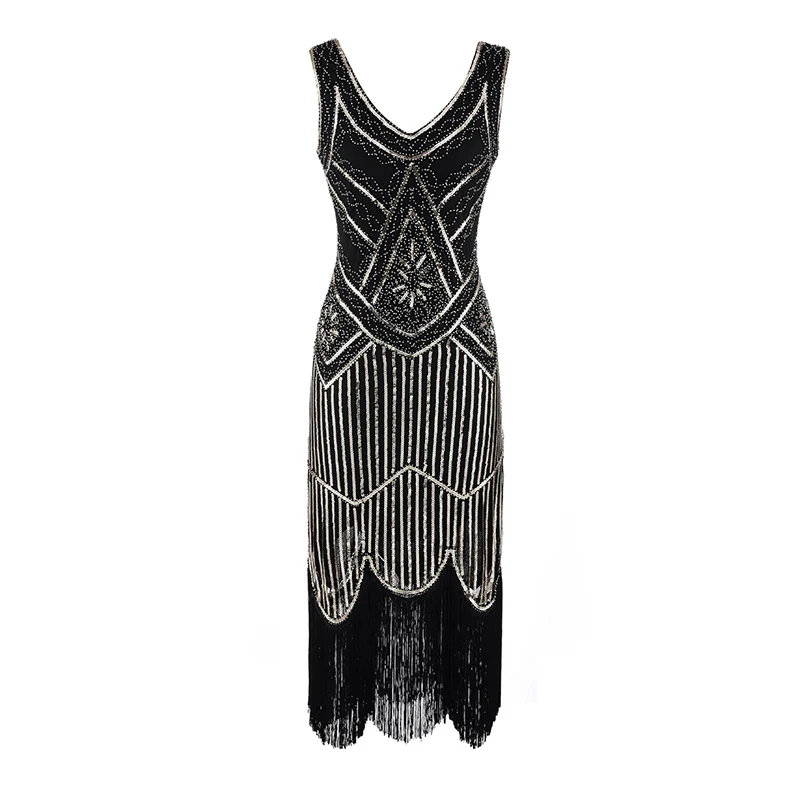 Black Gold Dress 1920s Гэтсби блесток бахромой Пейсли Хлопушка платье с 20s аксессуары набор xs, s, l, m, xl, xxl - Цвет: Black Gold Dress