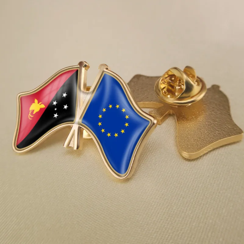 

European Union and Papua New Guinea Crossed Double Friendship Flags Brooch Badges Lapel Pins