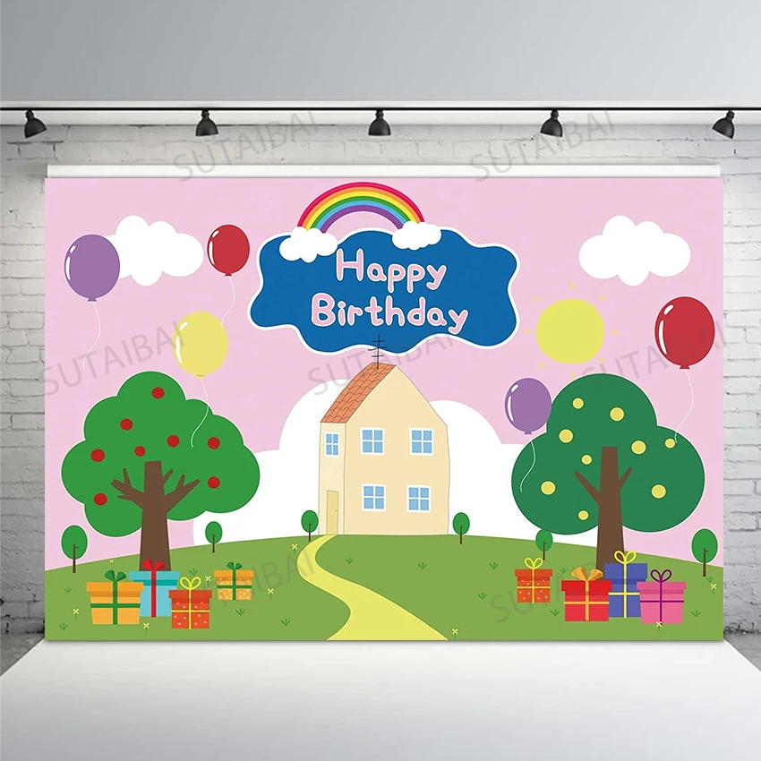 

Pig House Birthday Backdrop Party Baby Kids Girls Pink Photography Background Banner Cake Table Decoration Photo Booth Photocall