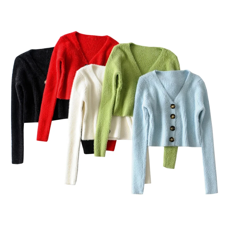 

Укороченный кардиган карамельных цветов, универсальный свитер с V-образным вырезом, винтажный свитер с завышенной талией и пряжкой, пушисты...