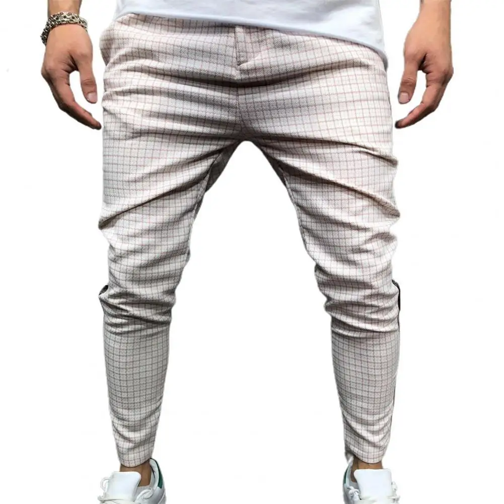 

80% Hot Sale Fashion Men Pants Mid Waist Slim Fits Plaid Checkered Side Stripe Trousers for Work