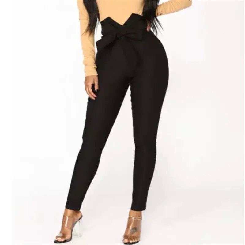 

Women Slim Skinny Pants High Waist Belted Legging Long Pencil Trousers Black