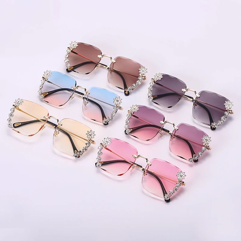 

JASPEER Vintage Oversized Rimless Sunglasses Women Luxury Diamond Sun Glass Square Gradient Rhinestone Fashion Eyewear UV400