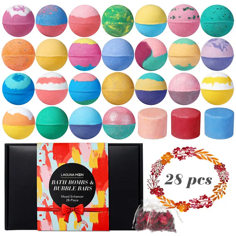 

LAGUNAMOON 28Pcs Coconut Vanilla Bath Salt Ball Set Bubble Bars Salt Ball Rose Passion Fruit Orange Lemon Strawberry Bath Bomb