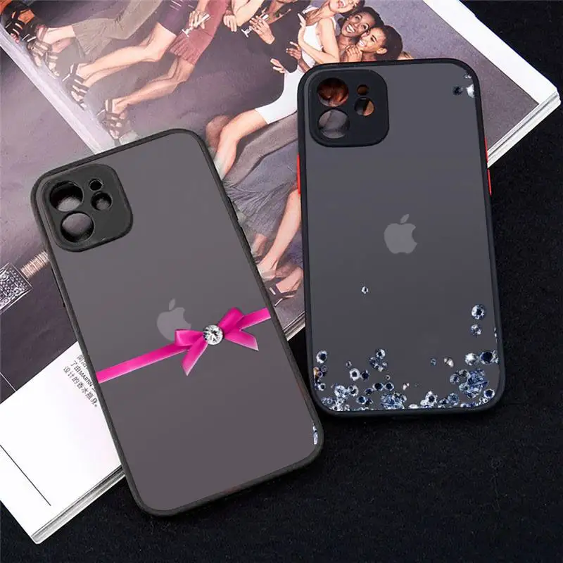 

Shiny diamond bow Phone Case Matte Transparent for iPhone 7 8 11 12 s mini pro X XS XR MAX Plus Clear mobile bag Shell Cover
