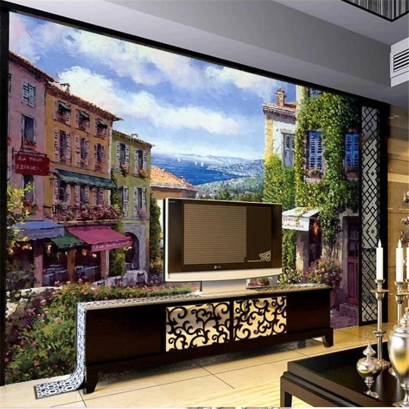 

Drop Shipping Custom Wallpaper 3d Stereo Mural Beautiful Town Landscape Oil Painting Background Wall Paper Decorative Painting