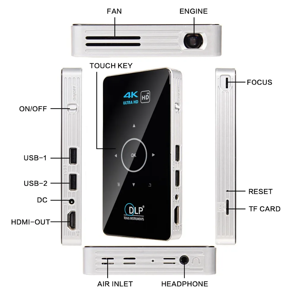 Мини проектор C6 светодиодный DLP 2 + 16 ГБ 4G Android 6 0 Bluetooth 4 4k|ТВ-приставки и