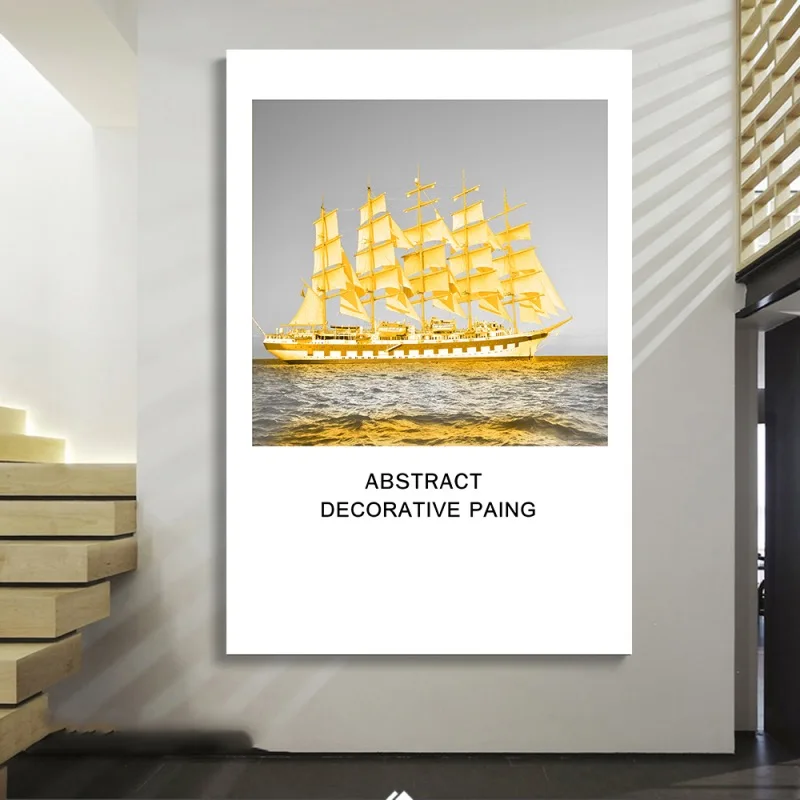 Скандинавский Золотой парусный корабль свободы минималистичный декор холст