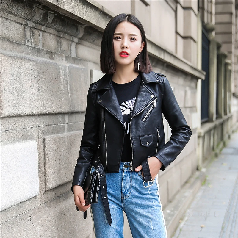 Enlarge Pu Leather Jacket Women Fashion Bright Colors Black Motorcycle Coat Short Faux Leather Biker Jacket Soft Jacket Female