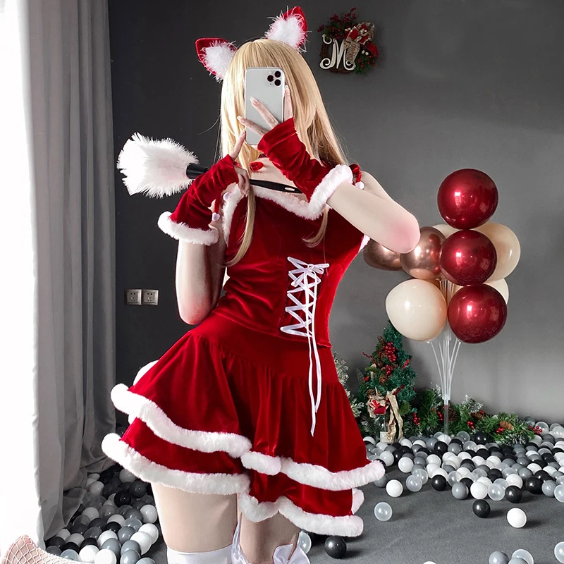 2021 Christmas Xmas Lady Santa Claus Cosplay Costume Winter Bunny Girl Cape Cloak Outfits Halloween Tail Women Custome |