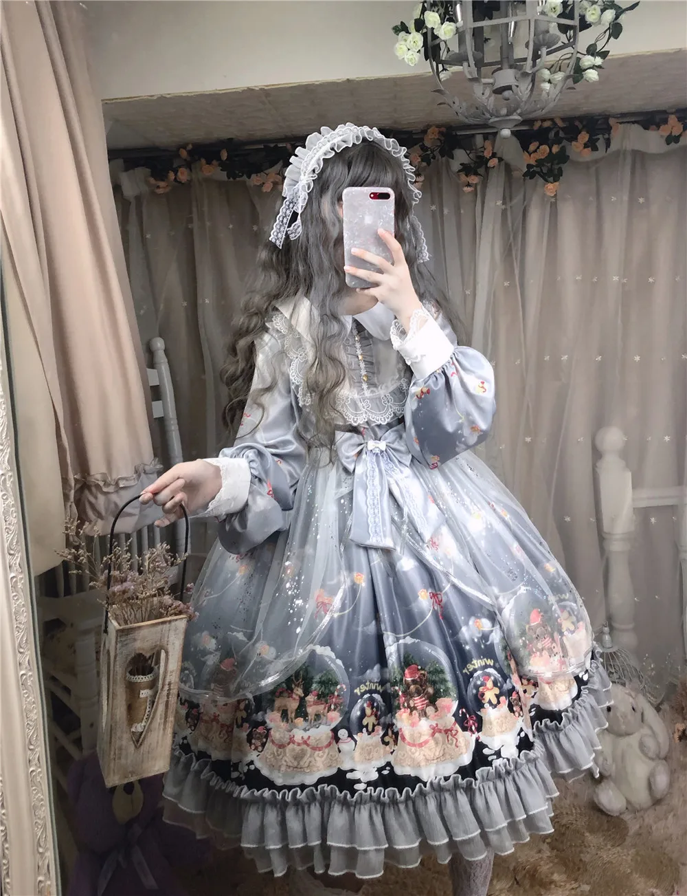 Dress Smock headwear Дворцовый стиль Лолиты Принцесса Винтаж снежный шар снеговик шаблон OP платье женские Kawaii Кукла Воротник Кружева оборками зимнее платье - Цвет: Dress Smock headwear