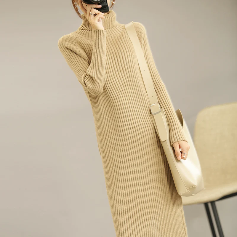 Wide strip long sweater skirt knit base thickening with coat 2019 autumn and winter models high collar elastic warm | Женская одежда