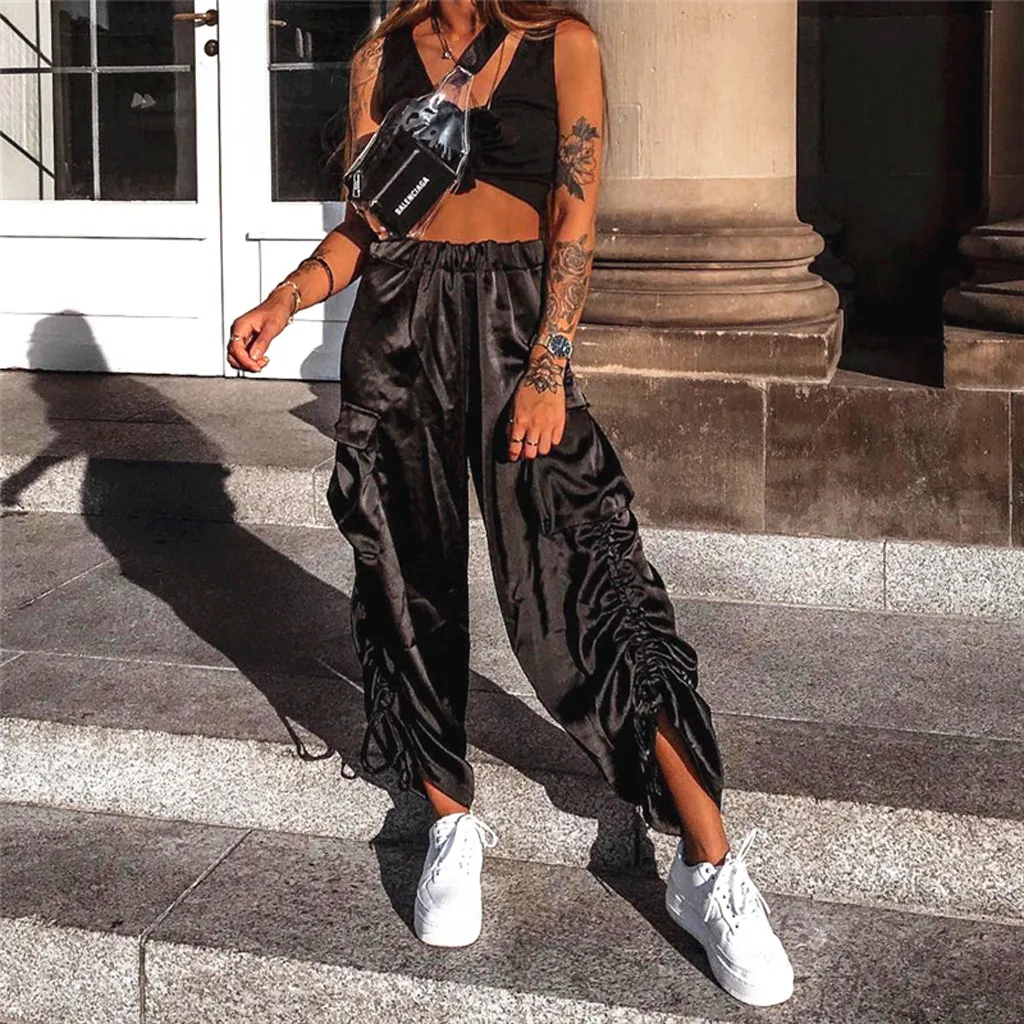 Women Pants Baggy Wide Leg Solid Gothic Punkt Casual Loose Elastic Trousers Pockets Full pantalones de mujer |