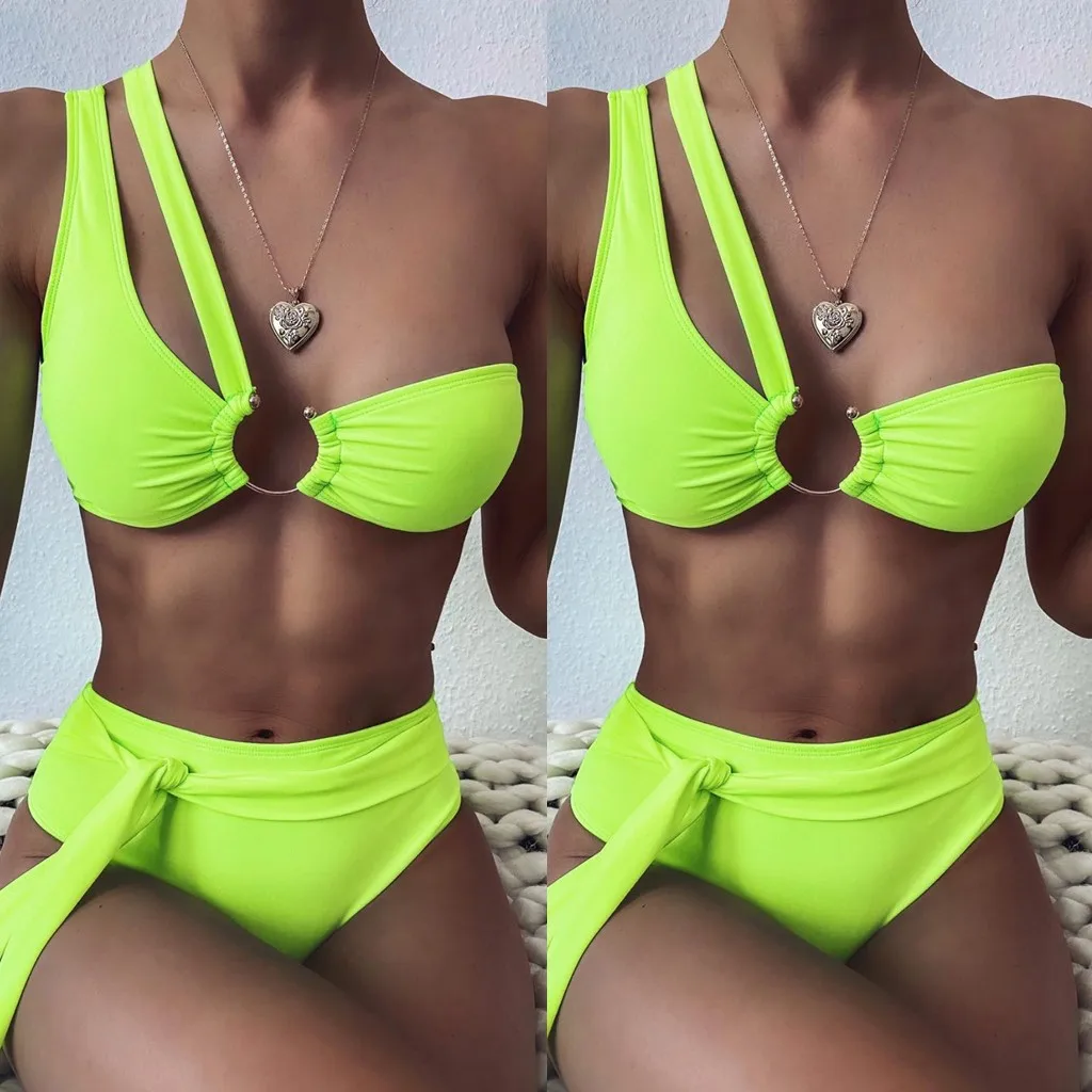 

Home&Nest Sexy Bikini Set Womens Solid Swim One Shoulder Bandage High Waist Swimsuit Push Up Bikin Set Swimwear Biquini 2020