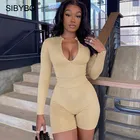 Женский костюм-двойка Sibybo, летний костюм из двух предметов с глубоким v-образным вырезом, боди с длинными рукавами и шорты с высокой талией, уличная одежда