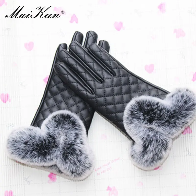 Maikun Leather Gloves PU Autumn/Winter New Style Ladies Oversized Rex Rabbit Fur Gloves British Diamond Lattice Thickening