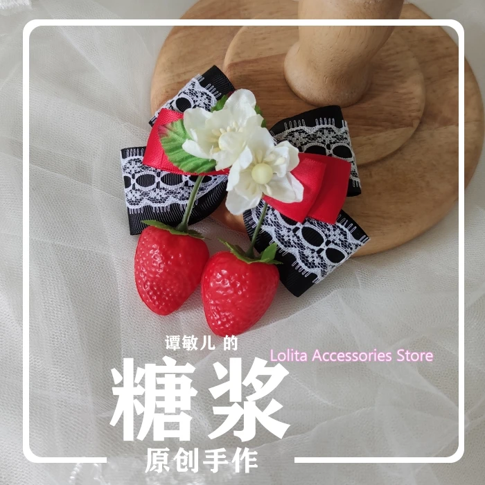 

Red Black Lolita AP Strawberry Hairpin Headdress Handmade Picnic Side Clip Soft Sister Cosplay Kawaii Bow Flower Hair Clip