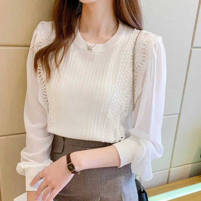 

Женская белая шифоновая кружевная одежда, новинка 2022, модная блузка с круглым вырезом и длинными рукавами, женские топы