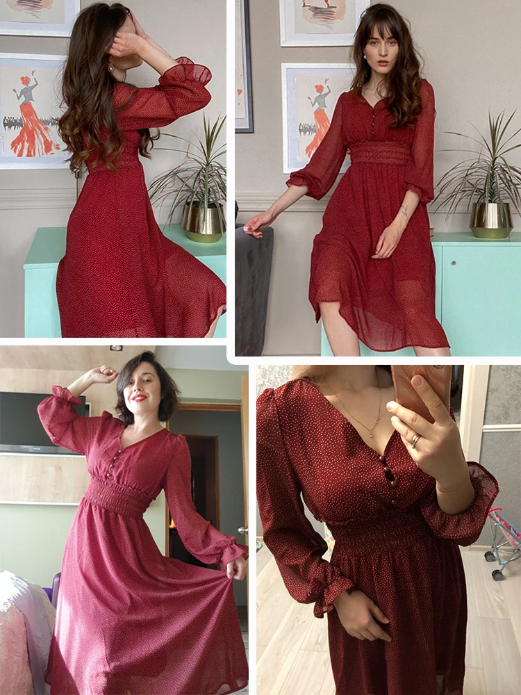 

New Autumn V Neck Polka Dot Slim Chiffon Dress Button Puff Sleeve High Waist Elegant Women Mid-calf Dress