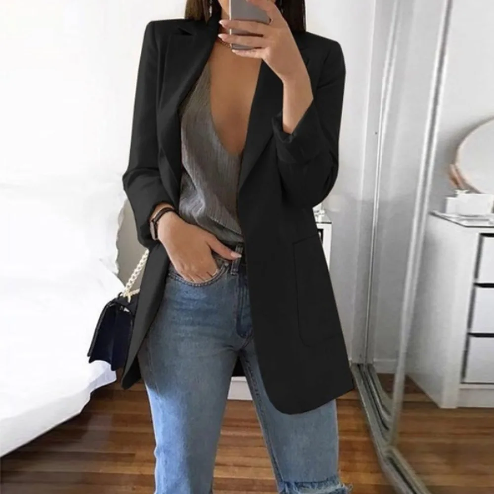 Весенний тренч для женщин длинный рукав однотонный простой с отворотом обычный