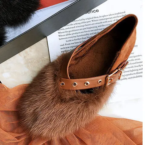 

2020 New Style Fishio Lazy Shoes Furry Slippers Women Wear Autumn and Winter Muller Shoes Flat Rabbit Fur Baotou Half Slippers