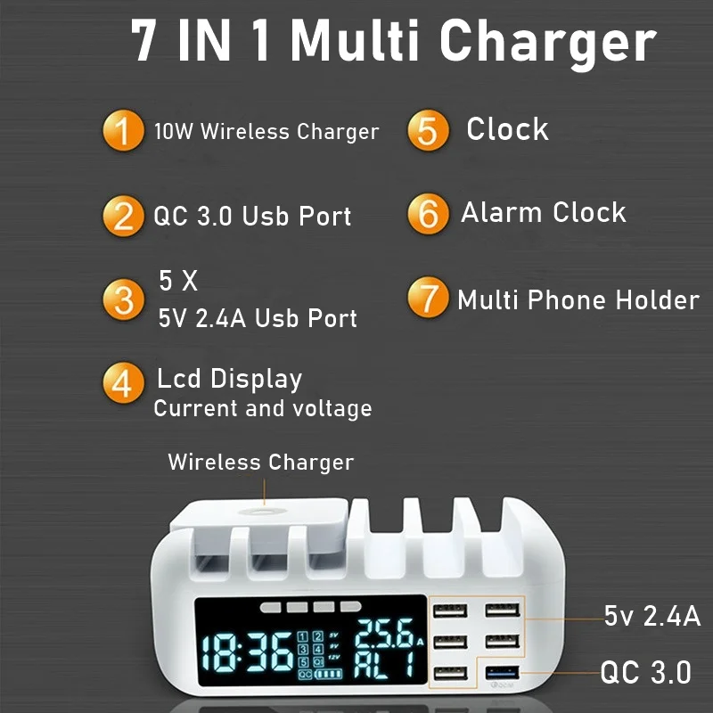 48w multi phone usb wireless charger with clock for iphone 11 12 pro max qc 3 0 lcd fast charging station for samsung xiaomi free global shipping