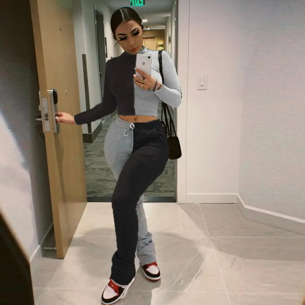 

2020 Wholesale Product Plus Size Clothing Long Sleeve Pullover Retro Top Stacked Legging Tracksuit Woman Two Piece Set