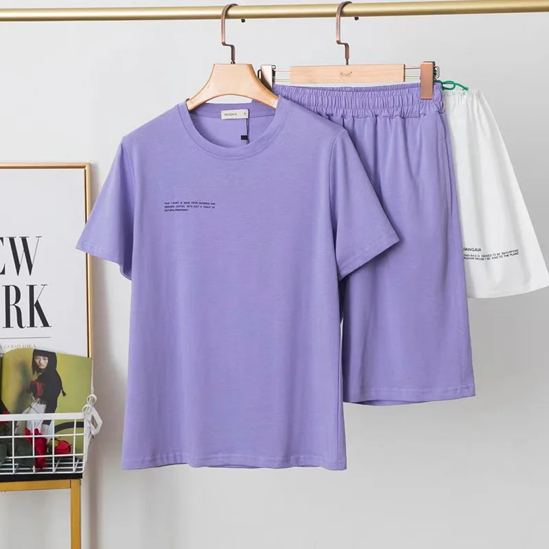 

2021 Spring and Summer New Letter Printing Round Neck Solid Color Short-Sleeved Men and Women Couple T-shirt + Solid Color Pants
