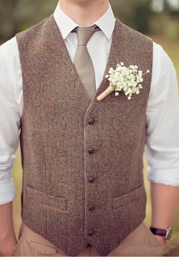 

2023 Vintage Farm Brown Tweed Vests Herringbone British Style Men's Suit Tailor Made Slim Fit Blazer Wedding Suits for Men