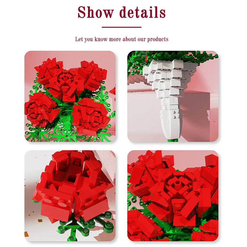

Bouquet Rose Blossom Bunch Of Flowers Building Blocks DIY Plants Ornaments Bricks Toys For Children Girl Friend Birthday Gift