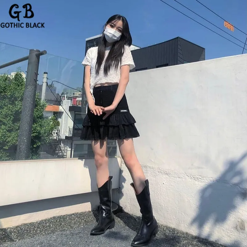 

Gothblack Skirt Lolita College Style Patchwork Lace Pleated Summer Skirt High Waist Solid Back To Basics Slim Gothic Clothes