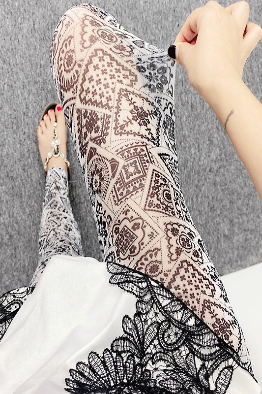 

Summer New 2021 Women's Leggings Outer Wear Thin Stretch Cropped Leggings Pants Female High Waist Painted Tight Safety Pants